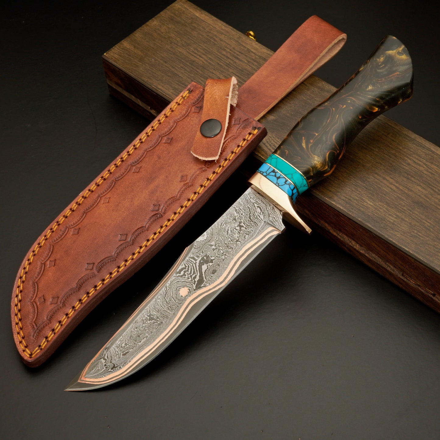 The Copper Tide – Copper Damascus Steel Knife with Marbled Handle & Turquoise Accent - Wildland Blades