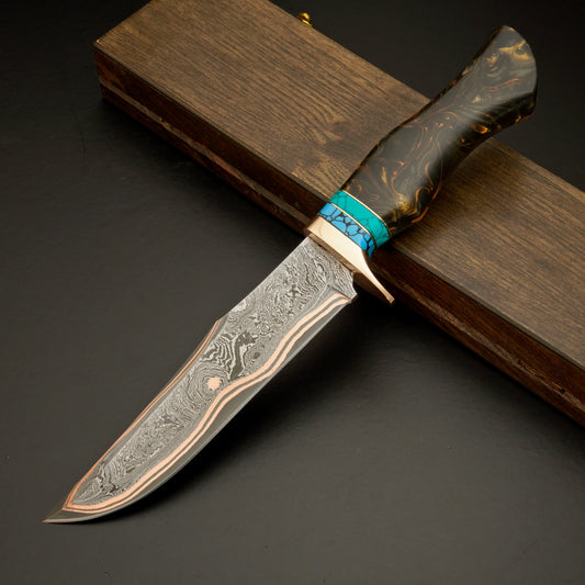 The Copper Tide – Copper Damascus Steel Knife with Marbled Handle & Turquoise Accent - Wildland Blades