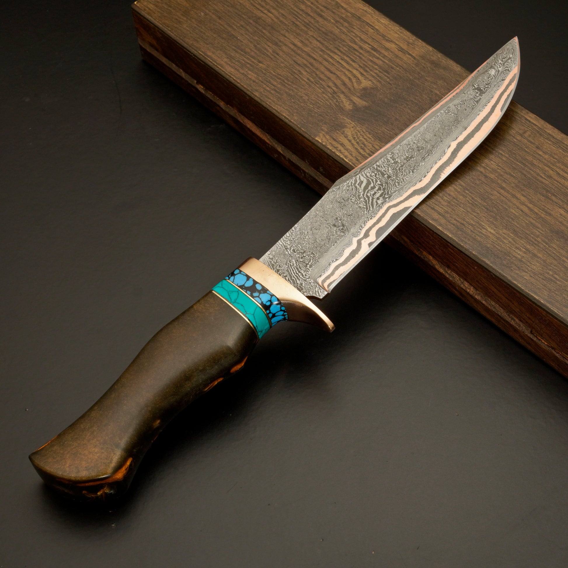 The Copper Tide – Copper Damascus Steel Knife with Marbled Handle & Turquoise Accent - Wildland Blades