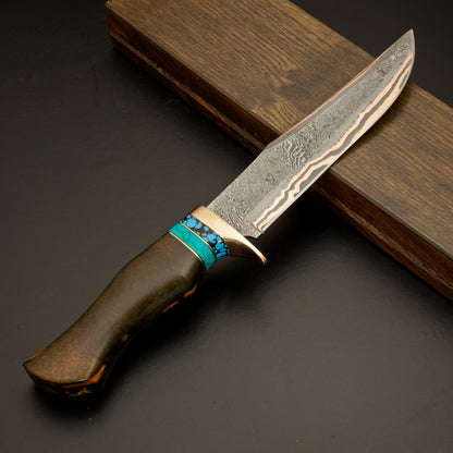 The Copper Tide – Copper Damascus Steel Knife with Marbled Handle & Turquoise Accent - Wildland Blades