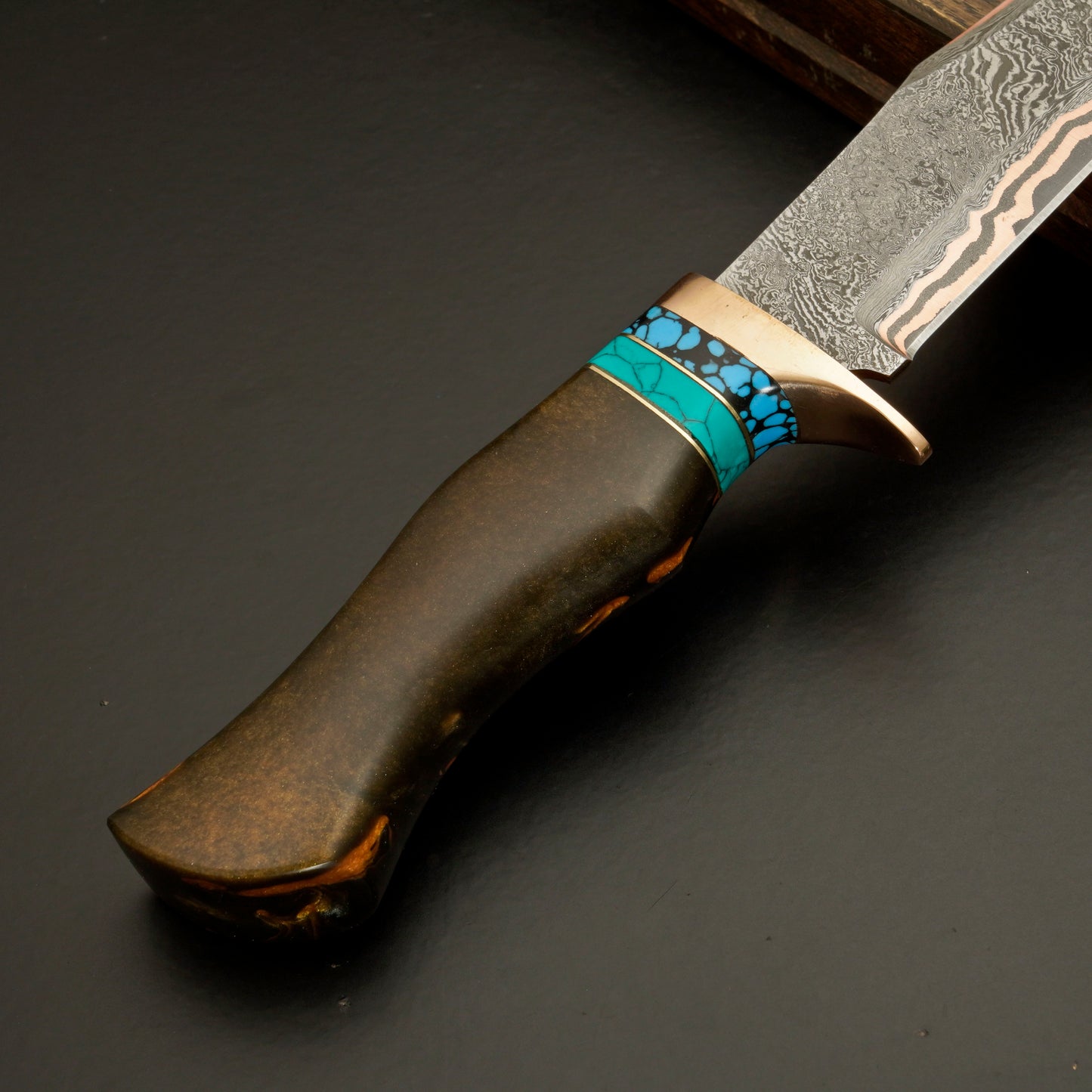 The Copper Tide – Copper Damascus Steel Knife with Marbled Handle & Turquoise Accent - Wildland Blades