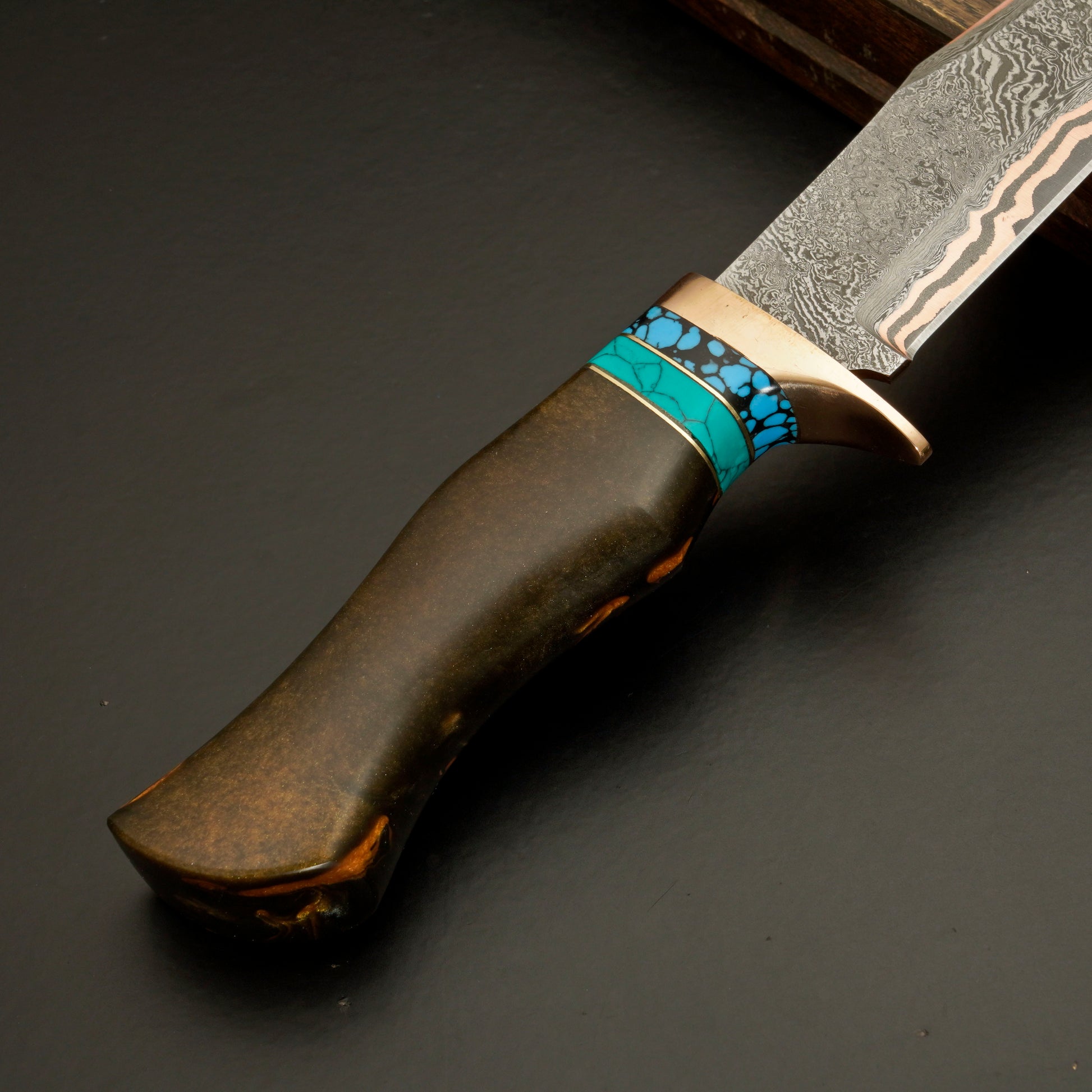 The Copper Tide – Copper Damascus Steel Knife with Marbled Handle & Turquoise Accent - Wildland Blades