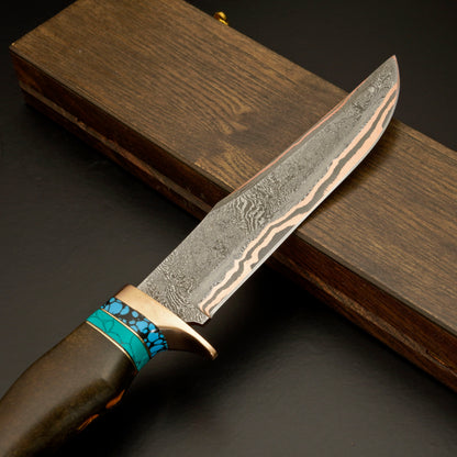 The Copper Tide – Copper Damascus Steel Knife with Marbled Handle & Turquoise Accent - Wildland Blades