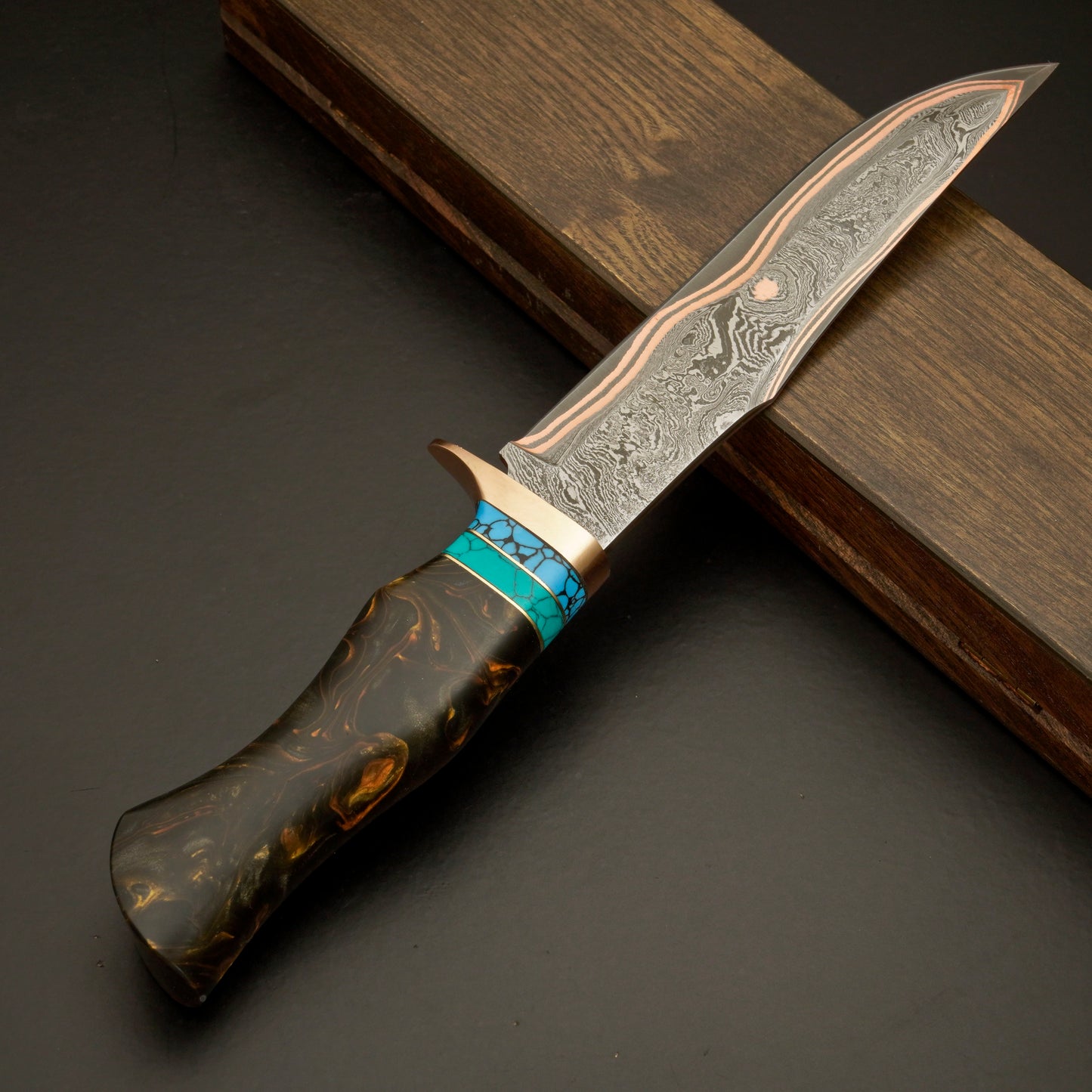 The Copper Tide – Copper Damascus Steel Knife with Marbled Handle & Turquoise Accent - Wildland Blades