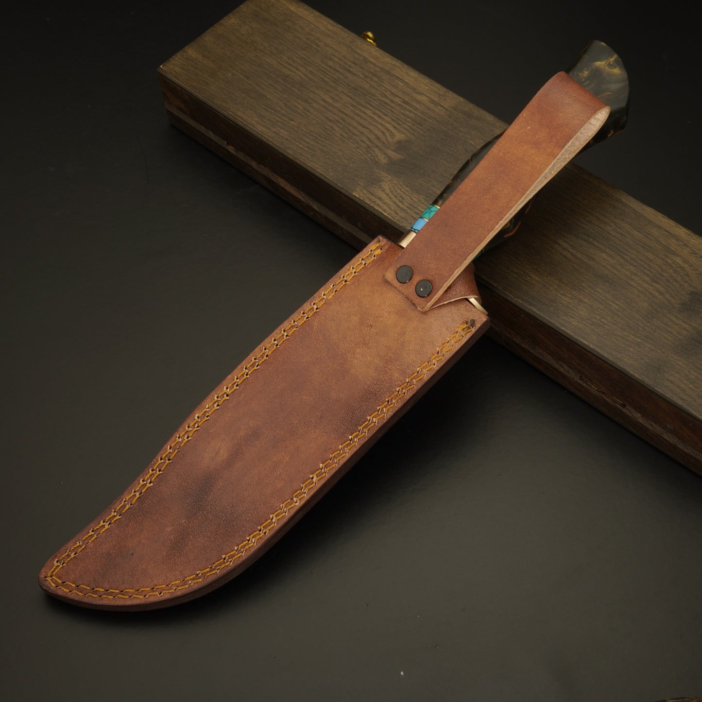 The Copper Tide – Copper Damascus Steel Knife with Marbled Handle & Turquoise Accent - Wildland Blades