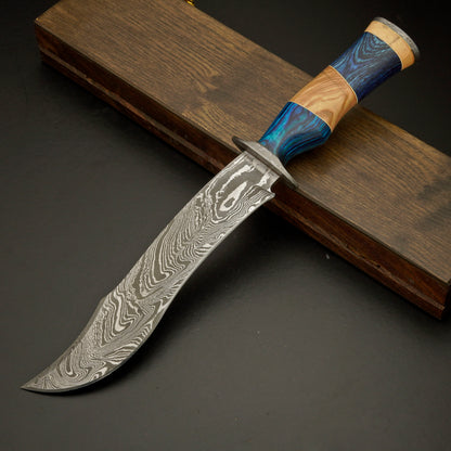 The Blue Ridge – Hand-Forged Damascus Steel Knife with Blue & Olive Wood Handle - Wildland Blades
