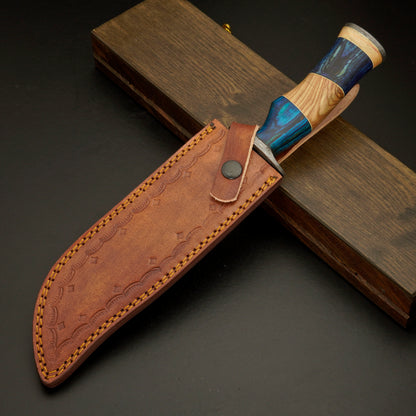 The Blue Ridge – Hand-Forged Damascus Steel Knife with Blue & Olive Wood Handle - Wildland Blades