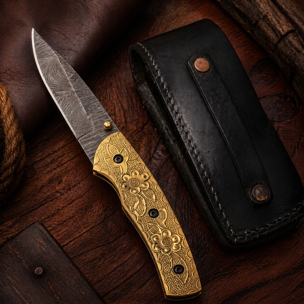 Imperial Bloom Damascus Steel Folding Pocket Knife with Golden Floral Handle - Wildland Blades