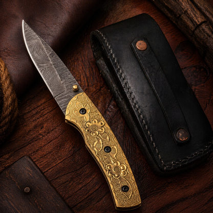 Imperial Bloom Damascus Steel Folding Pocket Knife with Golden Floral Handle - Wildland Blades