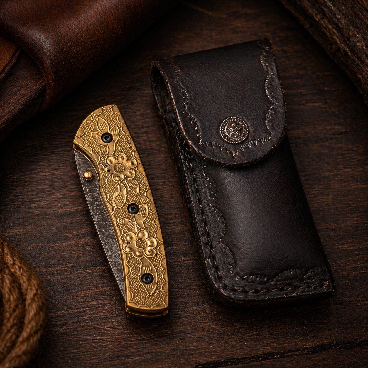 Imperial Bloom Damascus Steel Folding Pocket Knife with Golden Floral Handle - Wildland Blades