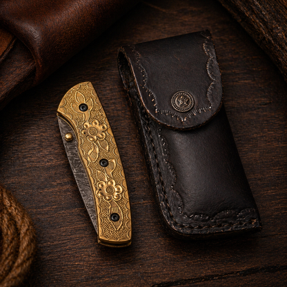 Imperial Bloom Damascus Steel Folding Pocket Knife with Golden Floral Handle - Wildland Blades