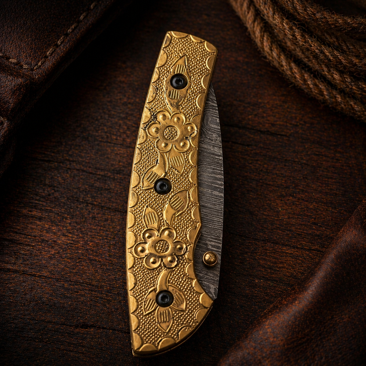 Imperial Bloom Damascus Steel Folding Pocket Knife with Golden Floral Handle - Wildland Blades
