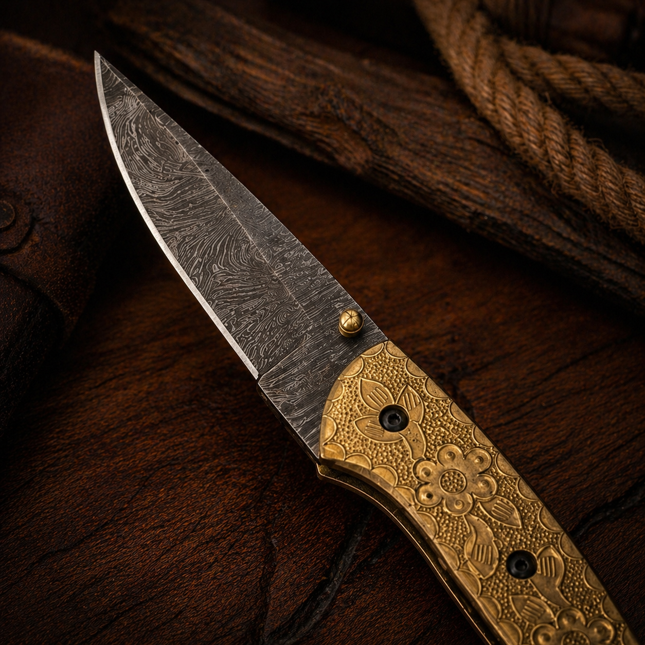 Imperial Bloom Damascus Steel Folding Pocket Knife with Golden Floral Handle - Wildland Blades
