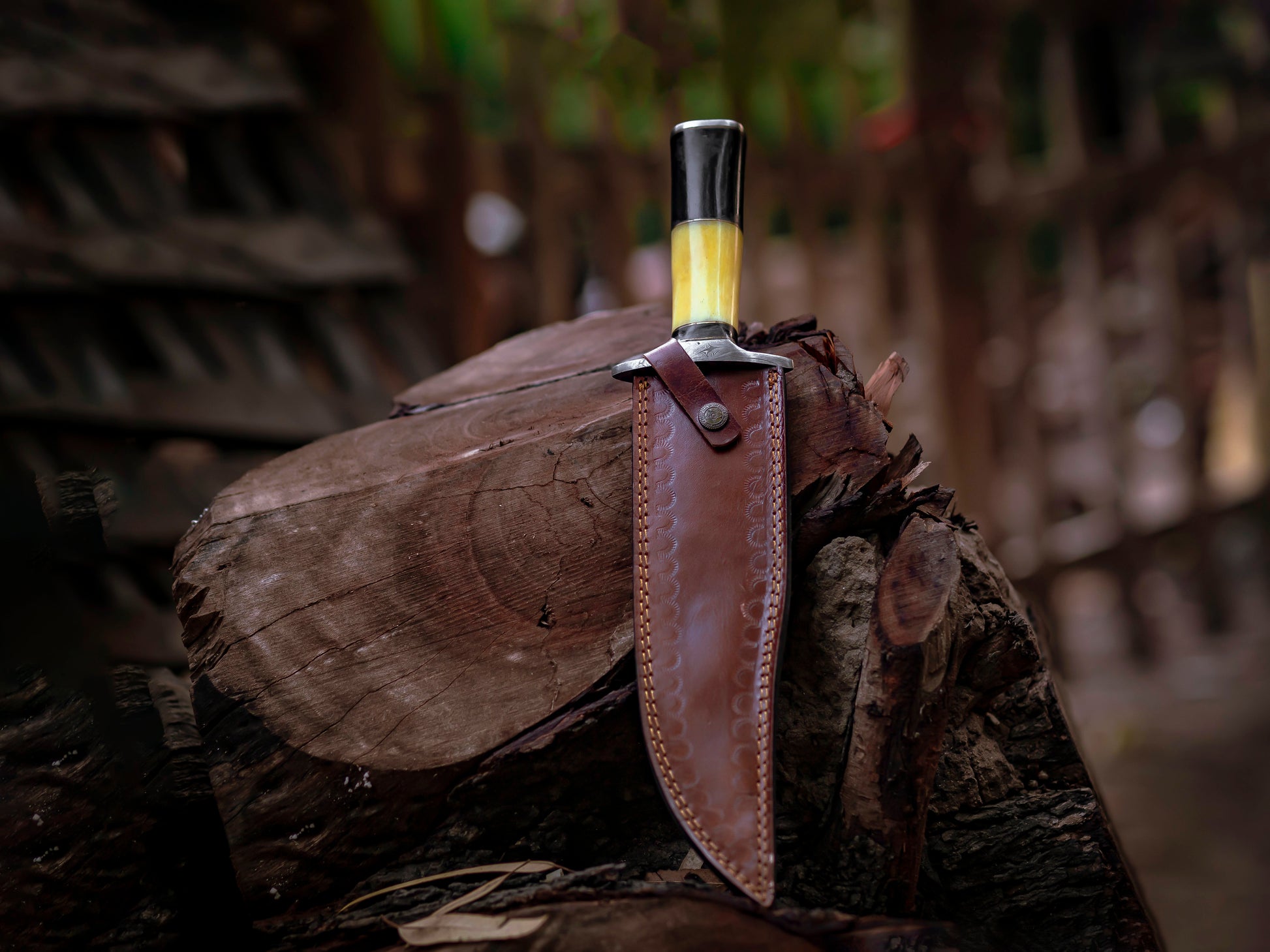 The Hornet's Strike: Hand-Forged Damascus Steel Bowie Knife with Brass and Bone Handle - Wildland Blades