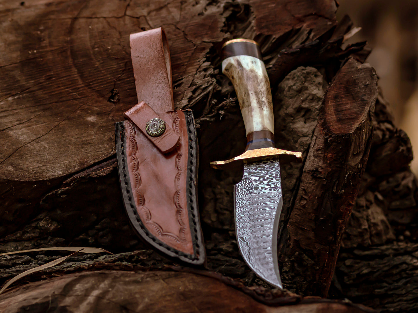 Triad of Wilderness: Hand-Forged Damascus Steel Knives with Stag & Brass Guard Handles - Wildland Blades