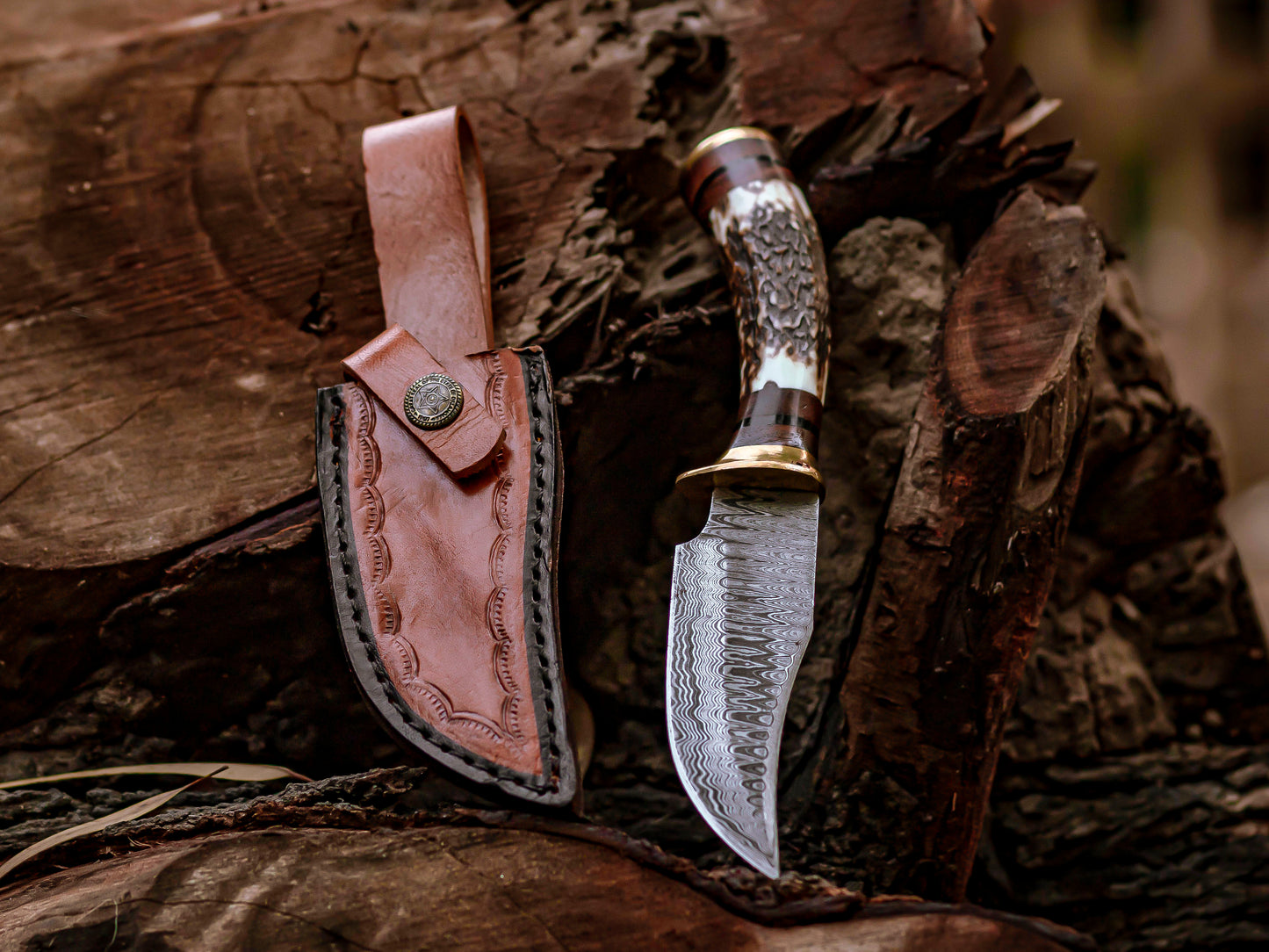 Triad of Wilderness: Hand-Forged Damascus Steel Knives with Stag & Brass Guard Handles - Wildland Blades