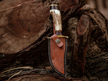 The Stag Spirit: Hand-Forged Damascus Steel Knife with Stag & Brass Guard Handle - Wildland Blades