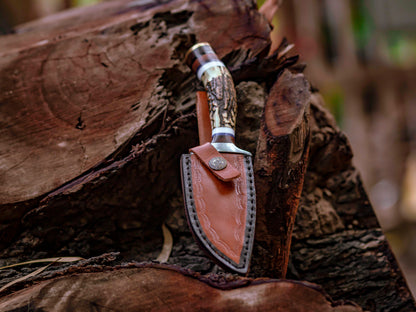 The Woodland Warrior: Hand-Forged Damascus Steel Knife with Stag Handle - Wildland Blades