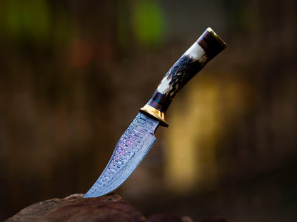 The Antler's Edge: Hand-Forged Damascus Steel Knife with Stag & Brass Guard Handle - Wildland Blades