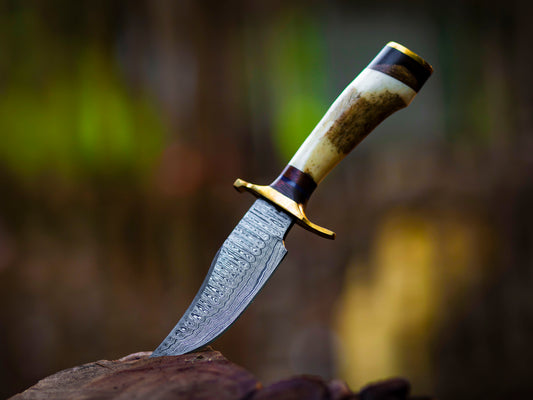 The Stag Spirit: Hand-Forged Damascus Steel Knife with Stag & Brass Guard Handle - Wildland Blades