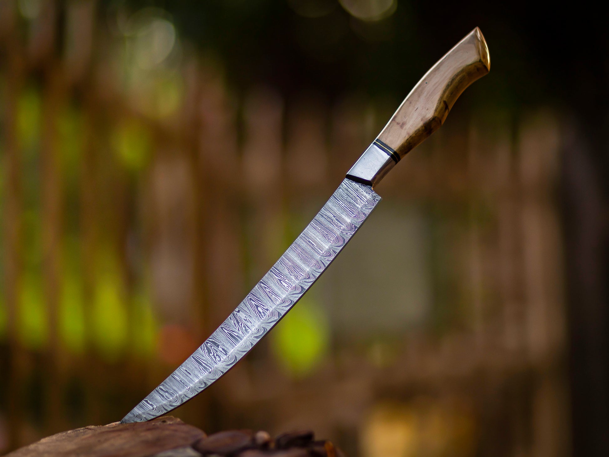 The Desert Serpent: Hand-Forged Damascus Steel Knife with Polished Wood Handle - Wildland Blades