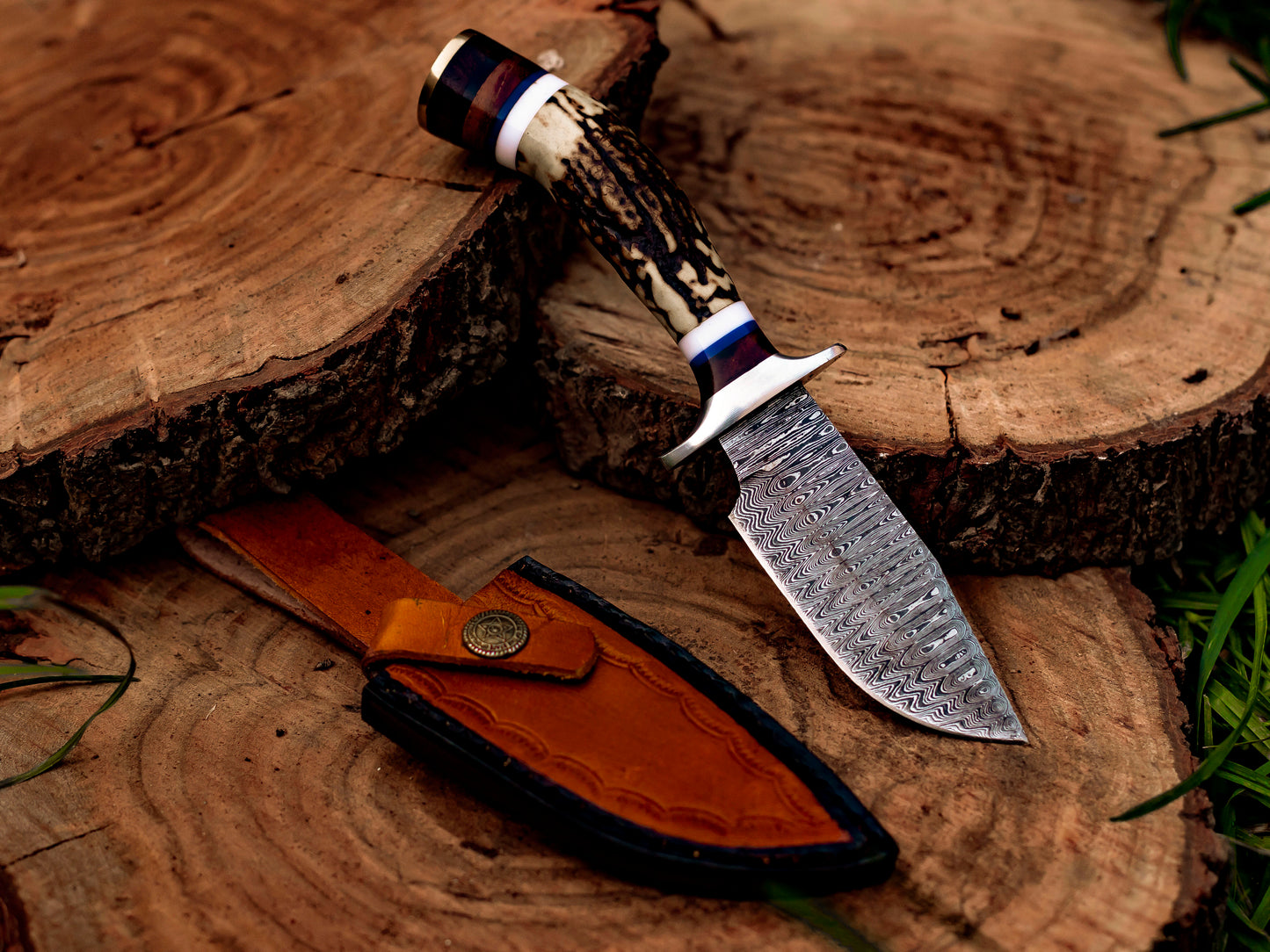 Triad of Wilderness: Hand-Forged Damascus Steel Knives with Stag & Brass Guard Handles - Wildland Blades