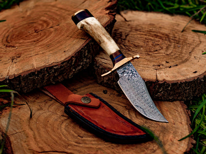 Triad of Wilderness: Hand-Forged Damascus Steel Knives with Stag & Brass Guard Handles - Wildland Blades