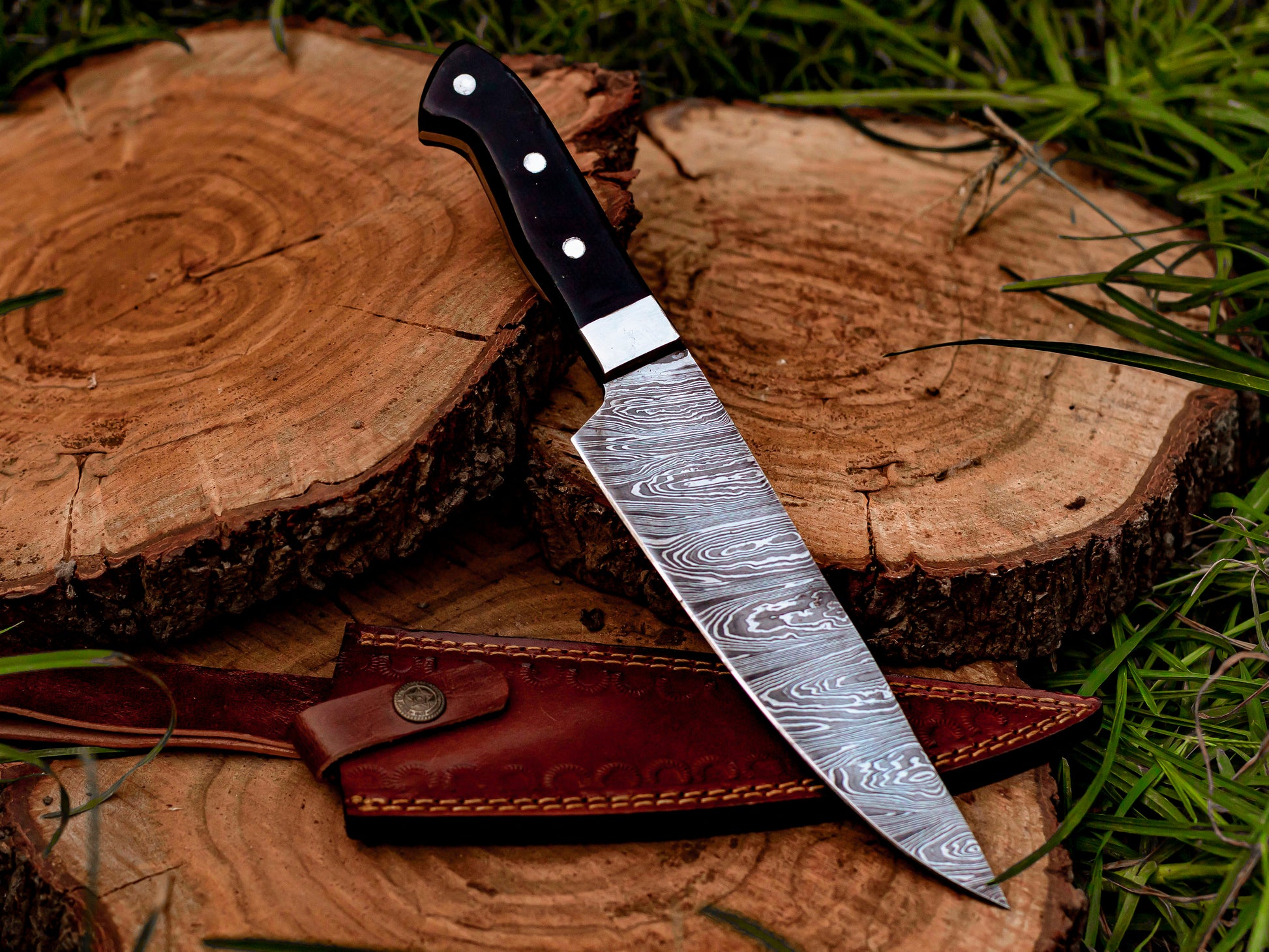 The Dark River: Hand-Forged Damascus Steel Chef Knife with Black Micarta Handle - Wildland Blades