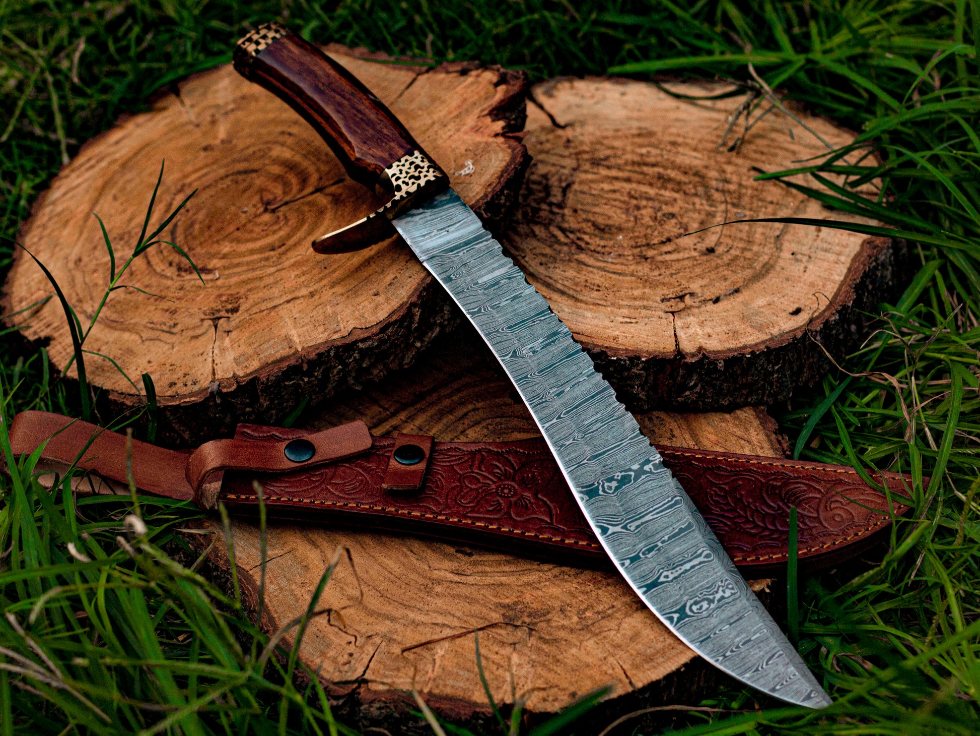 The Viper's Fang: Hand-Forged Damascus Steel Bowie Survival Knife with Rosewood Handle - Wildland Blades