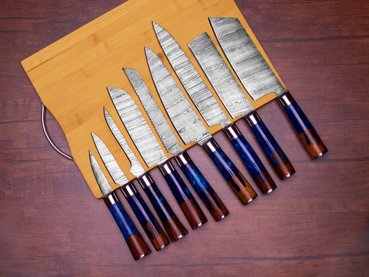 Exquisite 9-Piece Damascus Steel Kitchen Chef Set with Leather Roll - Wildland Blades