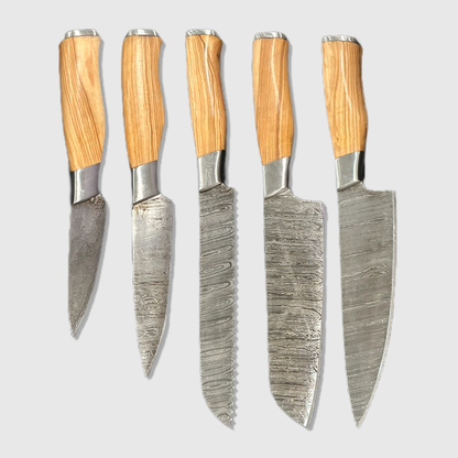 Premium Damascus Steel Chef Knife Set with Leather Roll - 5 Piece Collection - Wildland Blades
