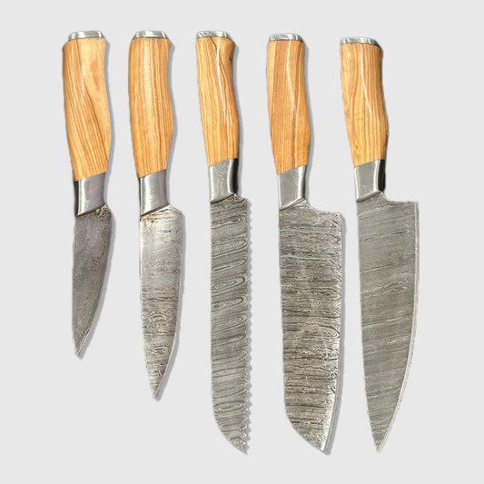 Premium Damascus Steel Chef Knife Set with Leather Roll - 5 Piece Collection - Wildland Blades