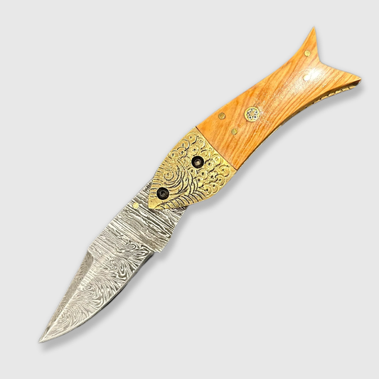 Artisan Damascus Steel Folding Pocket Knife with Golden Mosaic Handle - Wildland Blades