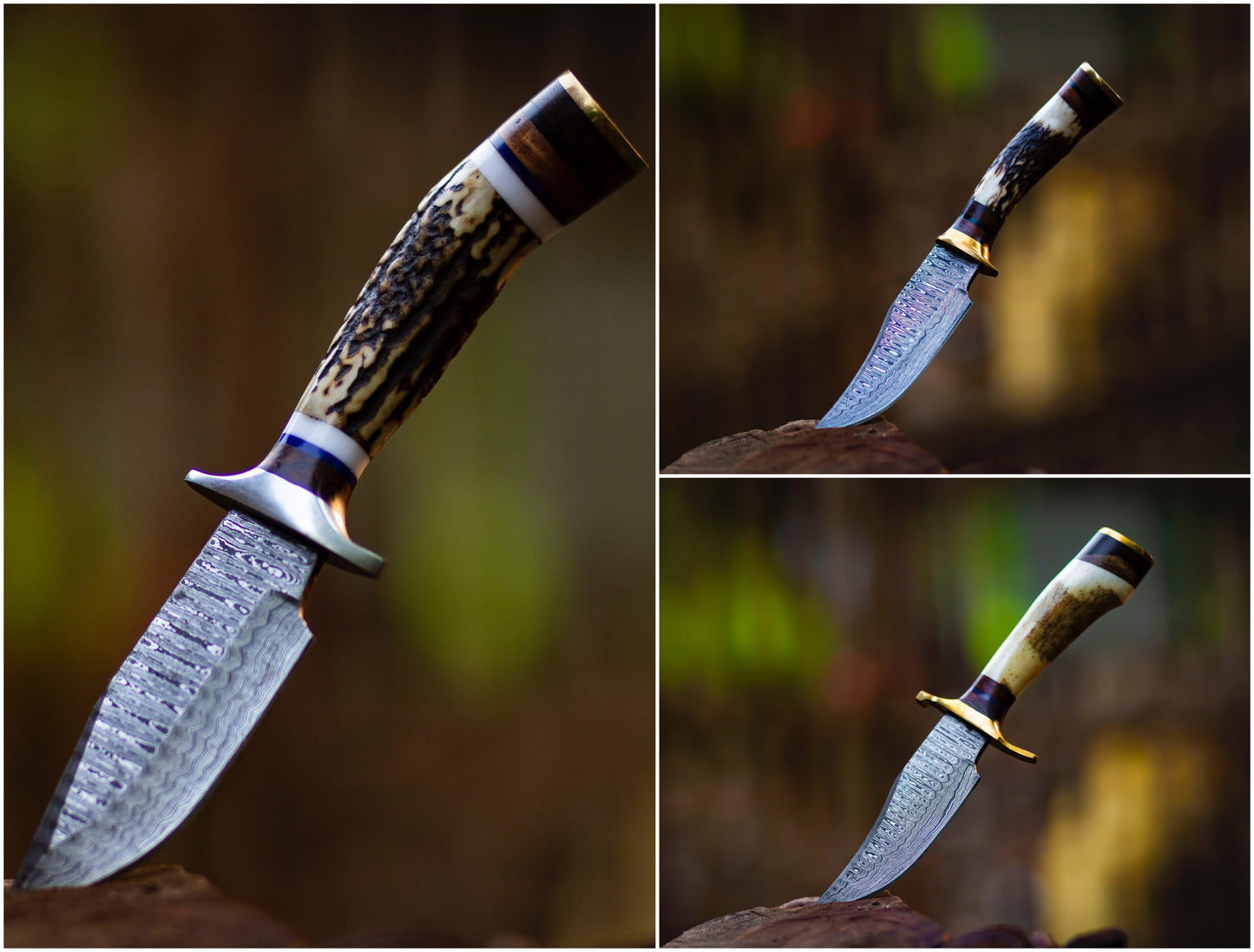 Triad of Wilderness: Hand-Forged Damascus Steel Knives with Stag & Brass Guard Handles - Wildland Blades