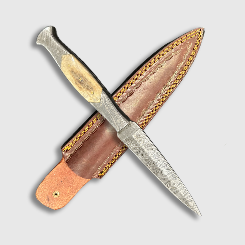 8.5" Fixed Blade Damascus Steel Dagger with Stag Antler Handle - Wildland Blades