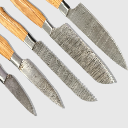 Premium Damascus Steel Chef Knife Set with Leather Roll - 5 Piece Collection - Wildland Blades