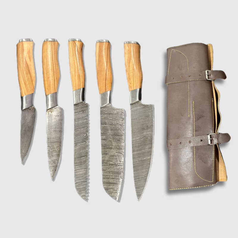 Premium Damascus Steel Chef Knife Set with Leather Roll - 5 Piece Collection - Wildland Blades