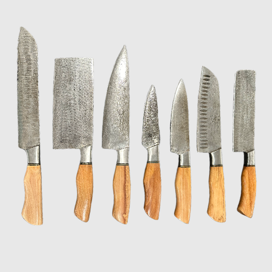 Premium Damascus Steel Kitchen Knife Set with Leather Roll - Wildland Blades