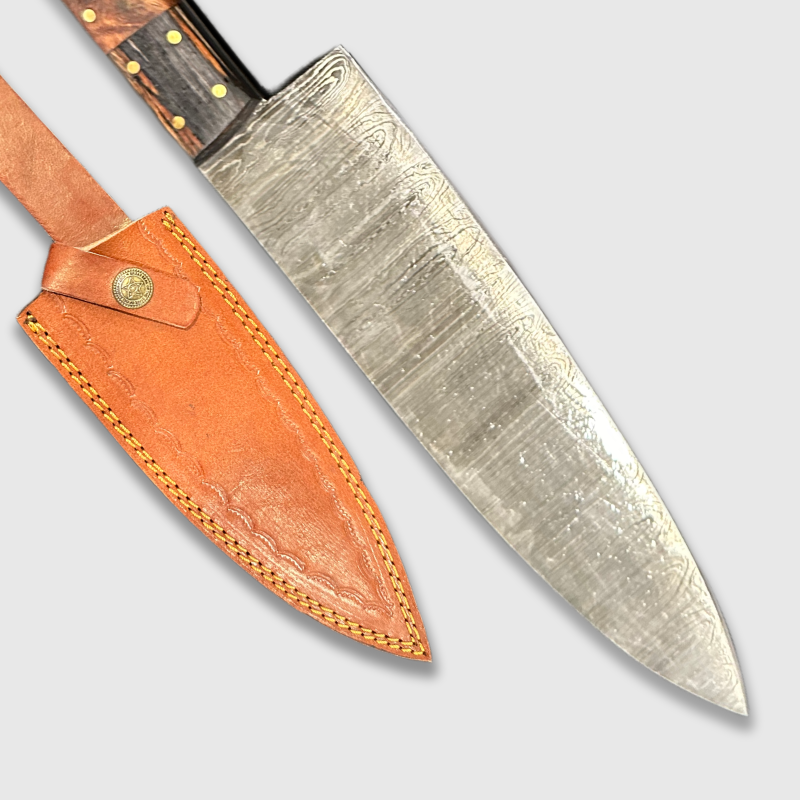 12"  Elegant Damascus Steel Chef Knife with Dark Wood Handle - Wildland Blades